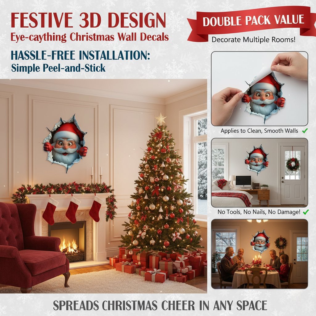 3D kerstmuurstickers, 1 set (2 stuks) | Creëer een kerstsfeer in één minuut