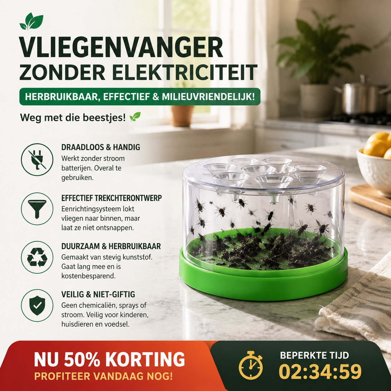 ♻️ Herbruikbare Vliegenvanger - Niet-Elektrische & Milieuvriendelijke Insectenval voor Buiten