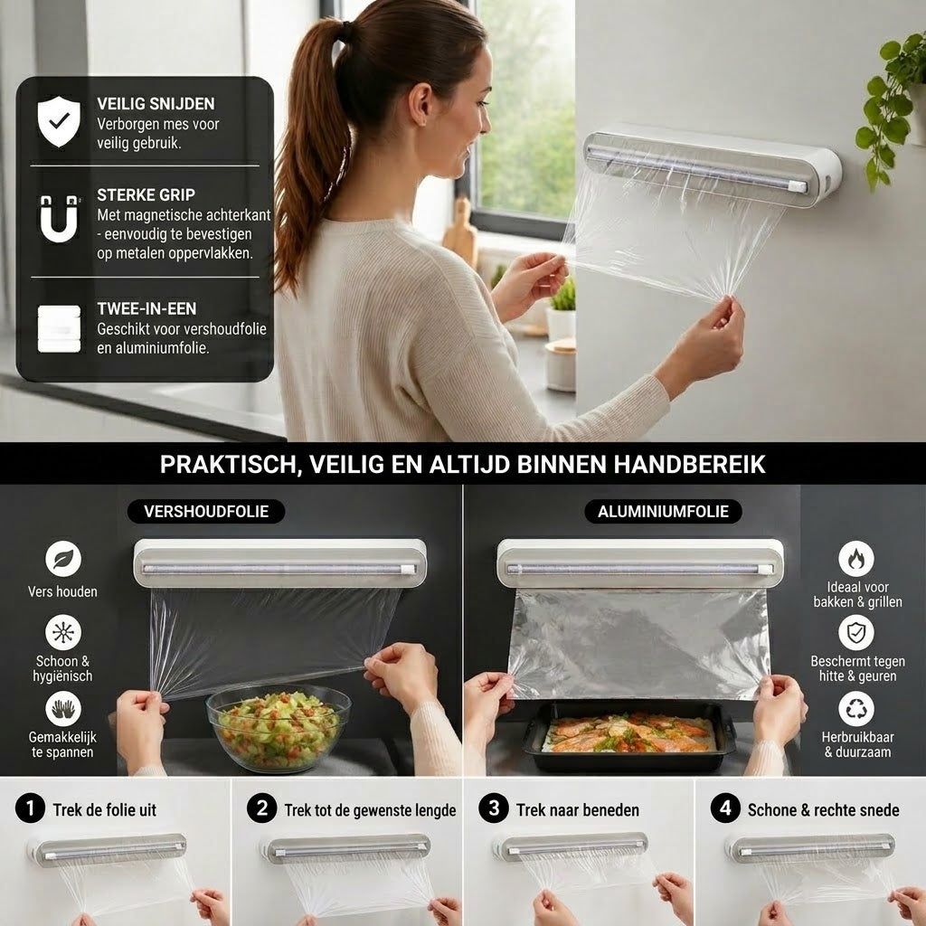 Magnetische wandgemonteerde dispenser voor aluminiumfolie en vershoudfolie, met veiligheidssnijder.